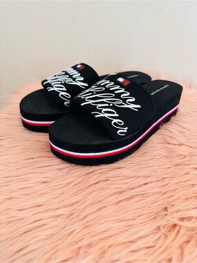 Tommy Hilfiger Black Slide Sandals with Red & White Stripe Platform